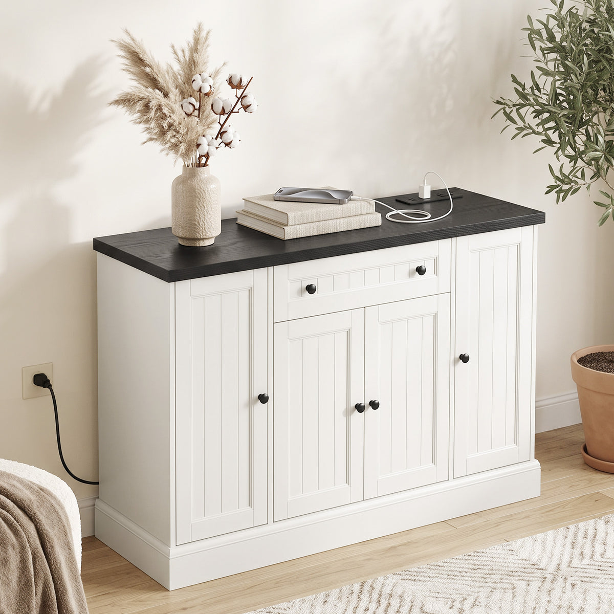 Farmhouse Sideboard Buffet Cabinet with Charging Station – 47"W x 31"H
