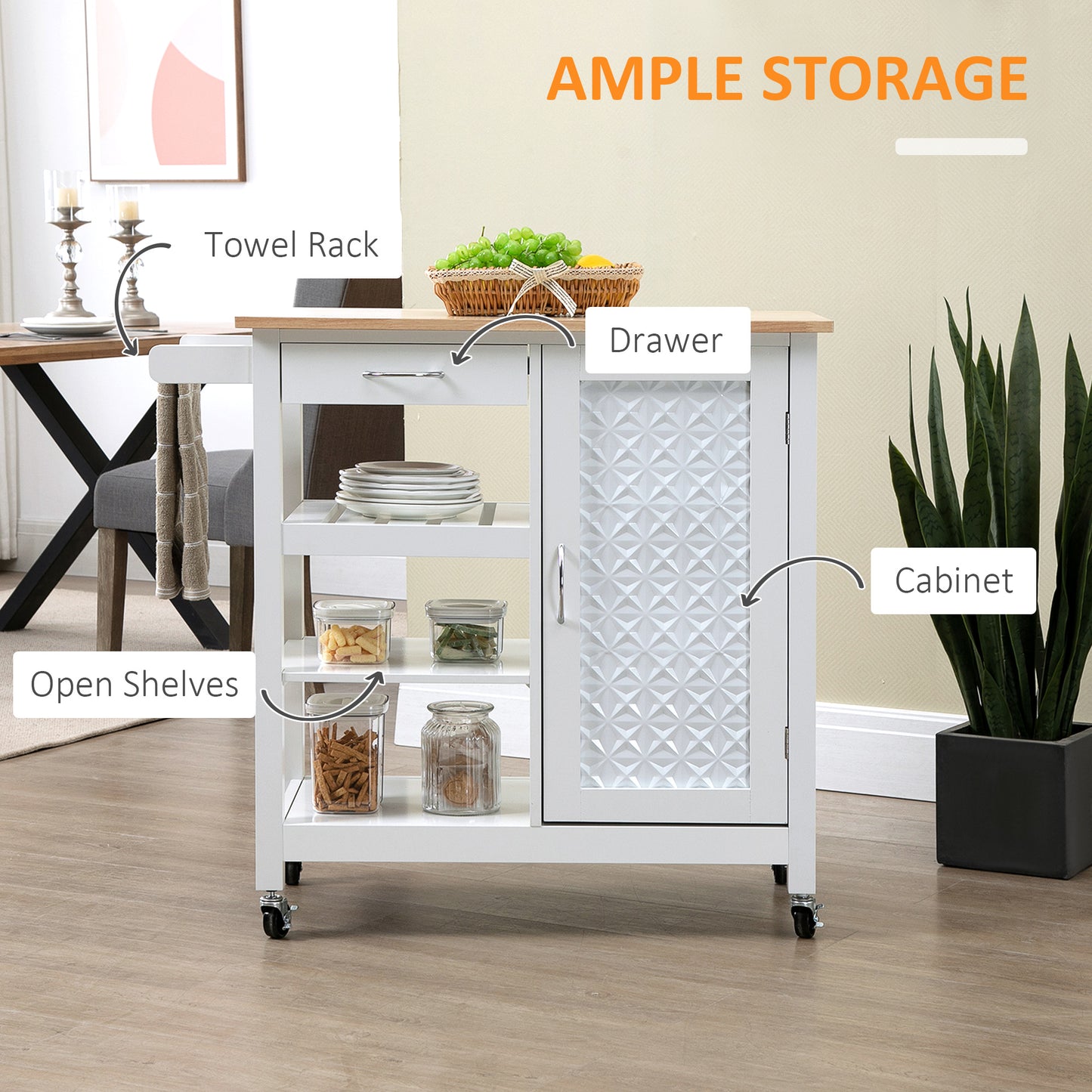 HOMCOM Kitchen Cart with Embossed Door Panel and Wheels, White