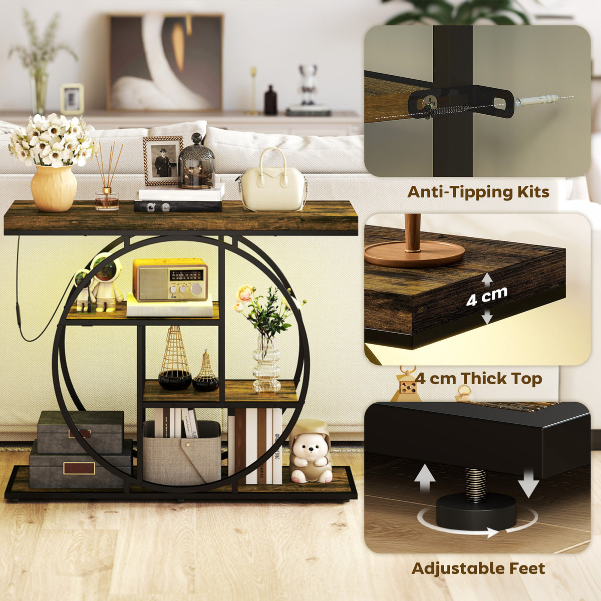 39" 4-Tier Console Table with Charging Station & LED Lights