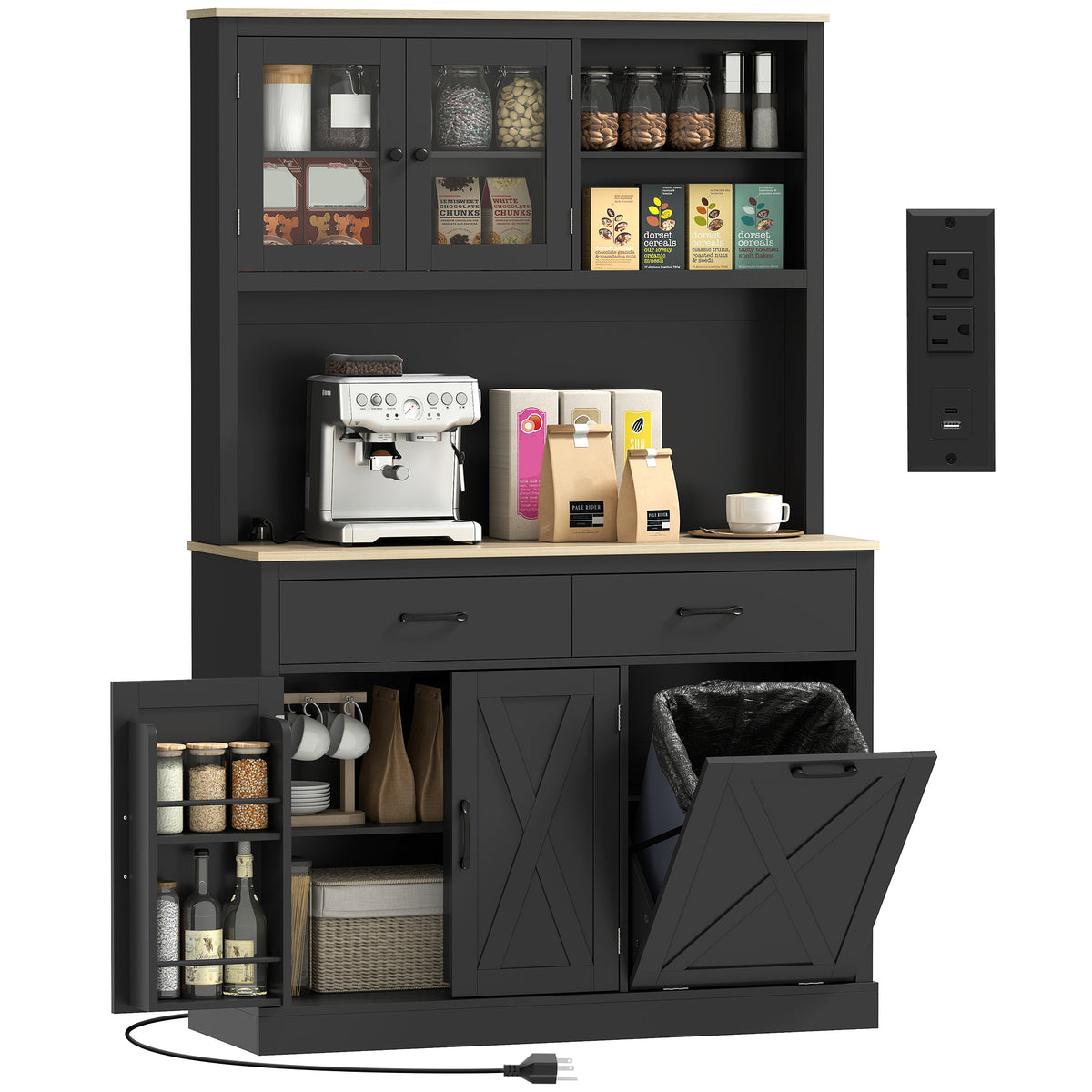 Kitchen Pantry with Charging Station, Microwave Stand and Trash Can Cabinet – 44"W x 69"H