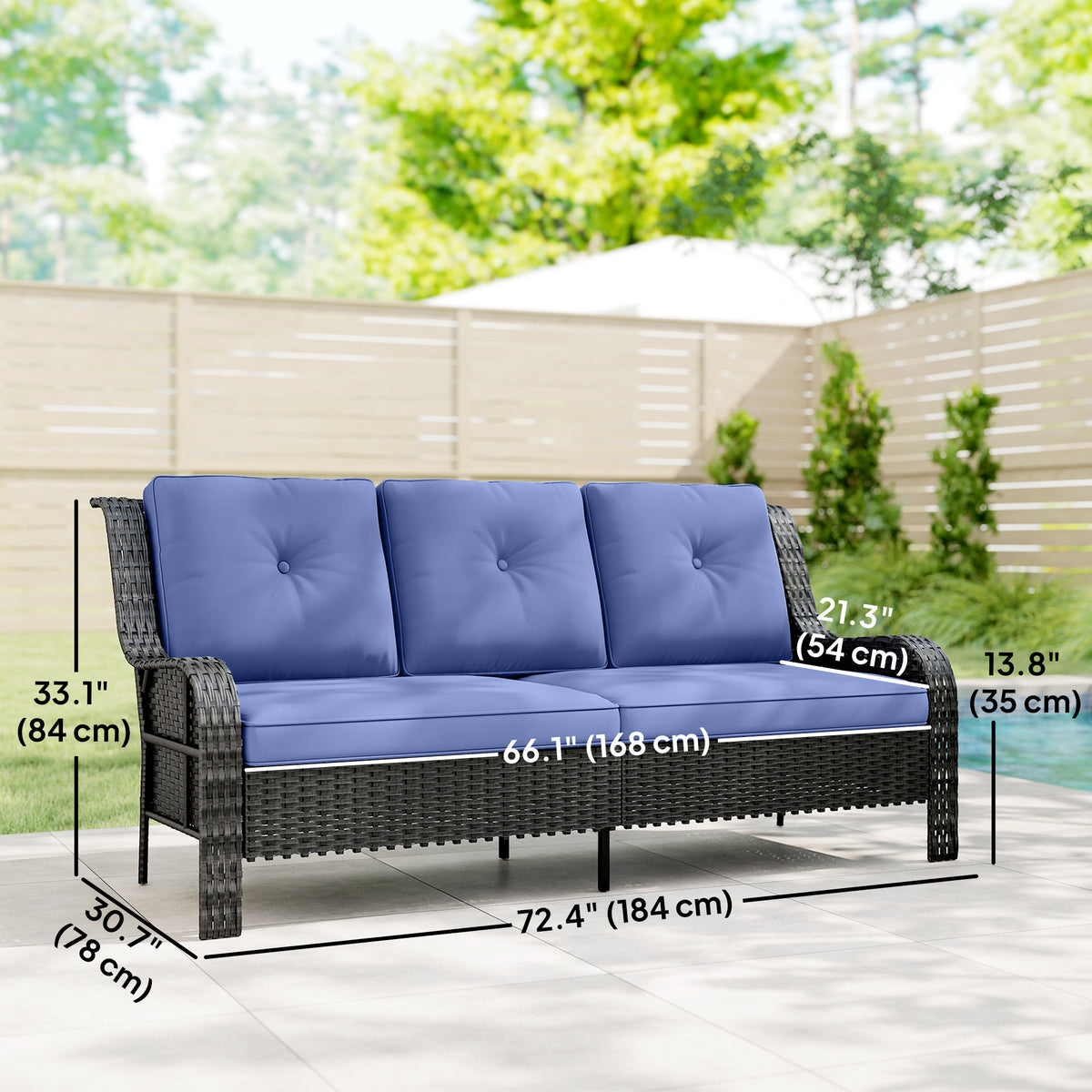 Wicker Patio Sofa with Cushions, 3 Seater Rattan Outdoor Couch for Patio, Garden, Porch, Backyard, Deep