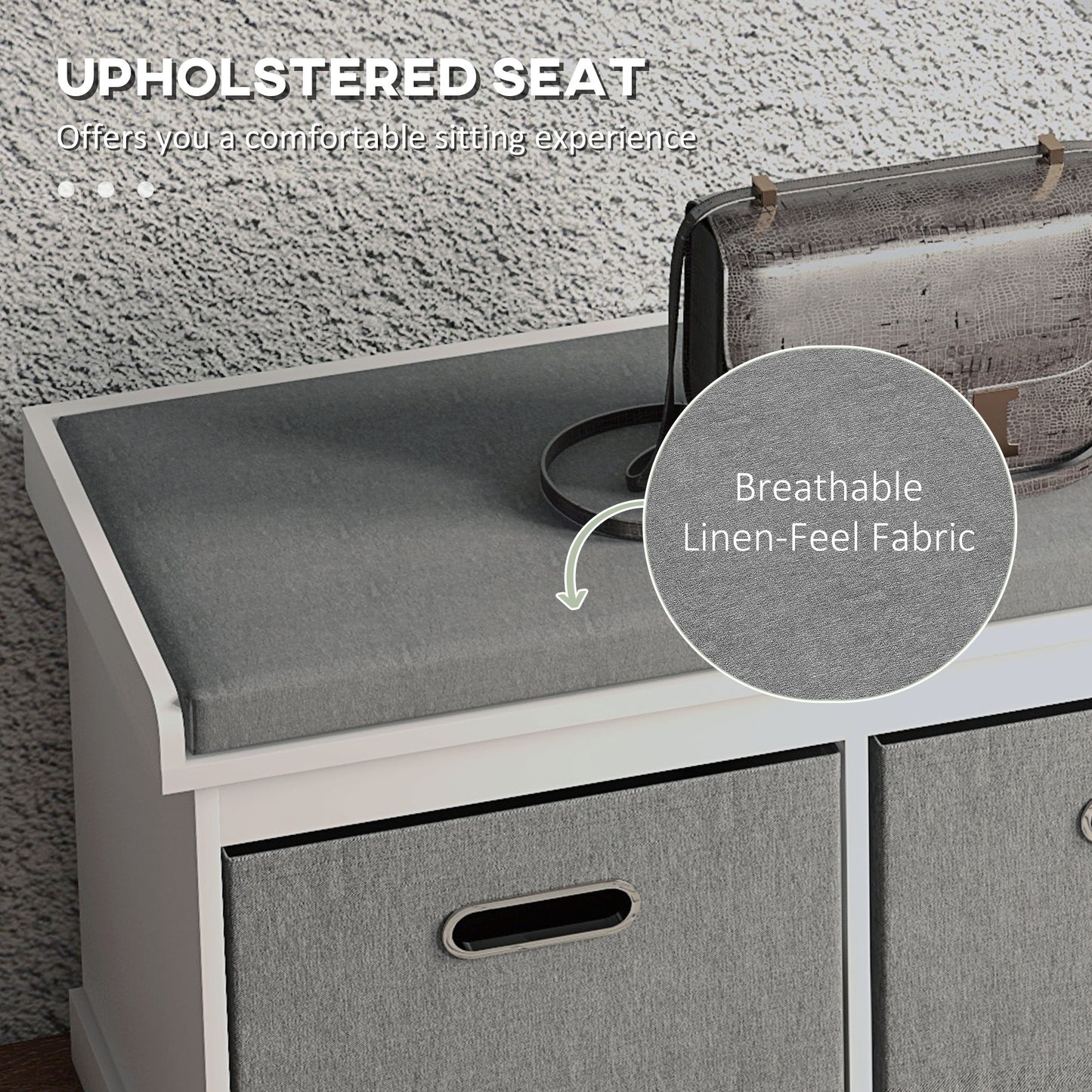 HOMCOM White Entryway Shoe Storage Bench, Comfortable Cushion, Two Fabric Drawers