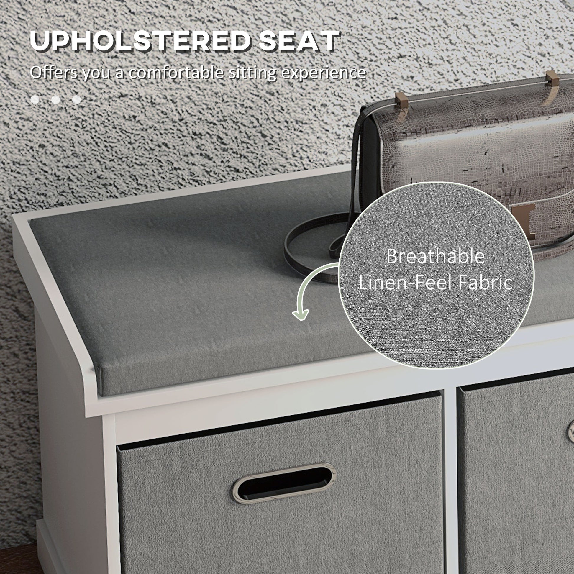 HOMCOM White Entryway Shoe Storage Bench, Comfortable Cushion, Two Fabric Drawers