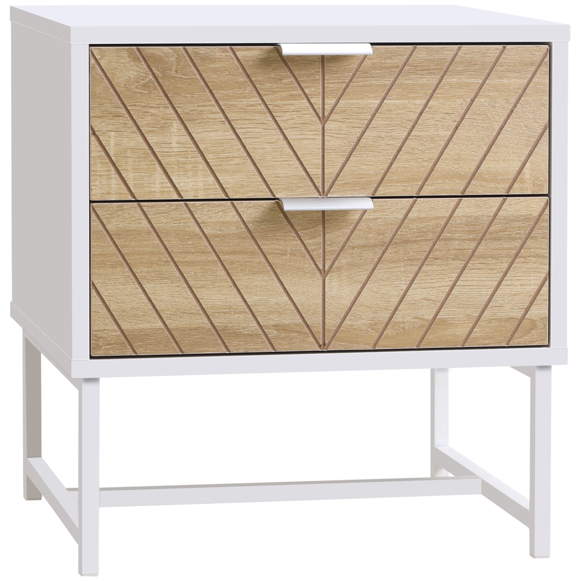 Modern White Oak Bedside Table with 2 Drawers, Steel Frame, 45cm Wide Nightstand