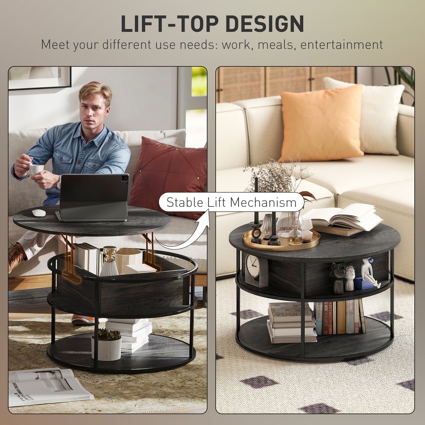 HOMCOM Round Lift Top Coffee Table with Hidden Storage & Steel Frame