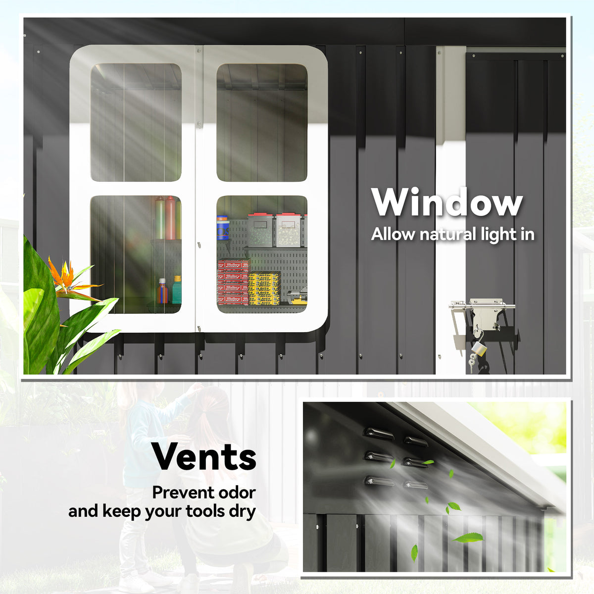 7' x 4' Galvanised Steel Outdoor Storage Shed, Garden Shed with Window, Lockable Wide Door and Air Vents – 83.1" W x 52.4" D x 68.1" /74.8" H