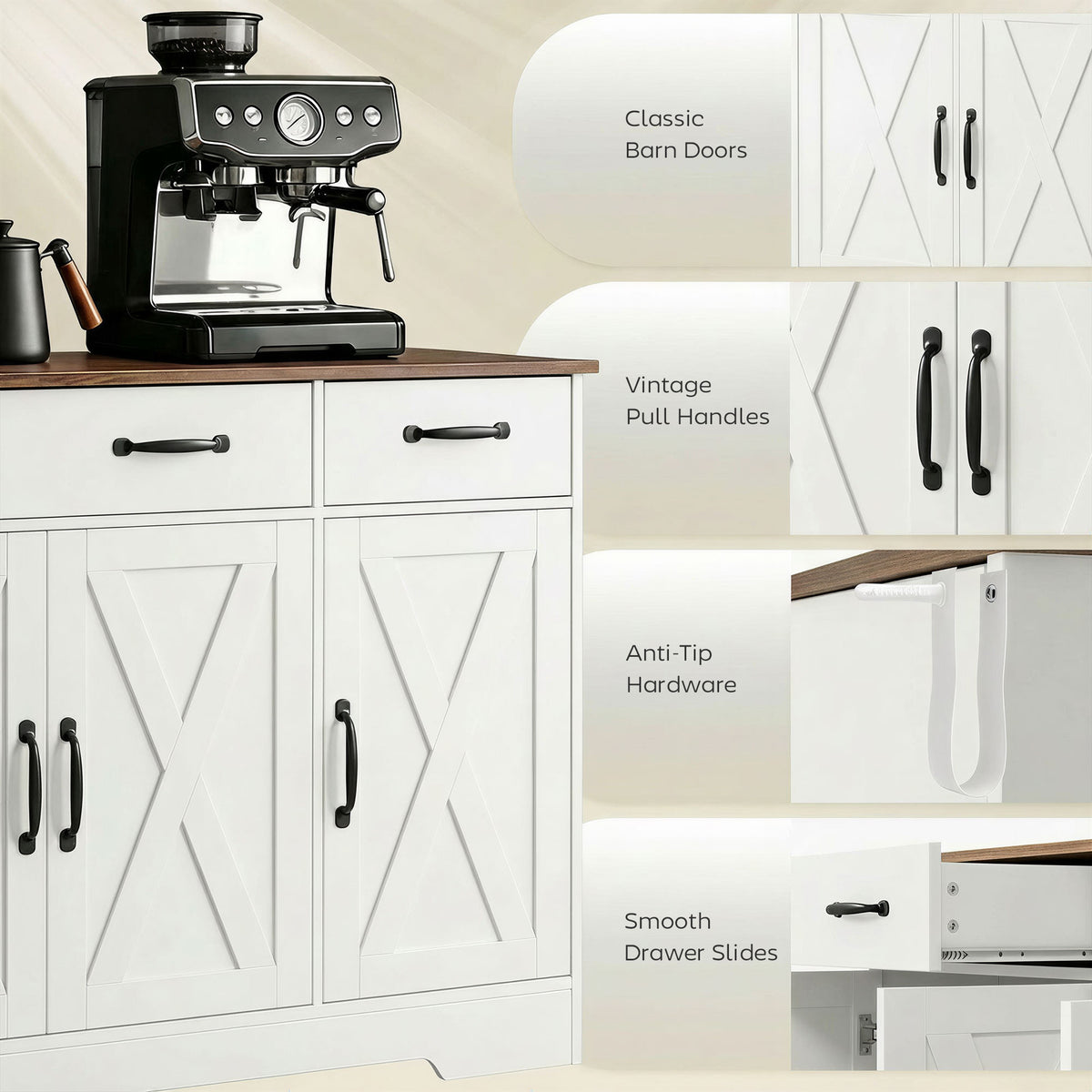 Farmhouse Kitchen Cabinet with 3 Barn Doors – 43"W x 32"H