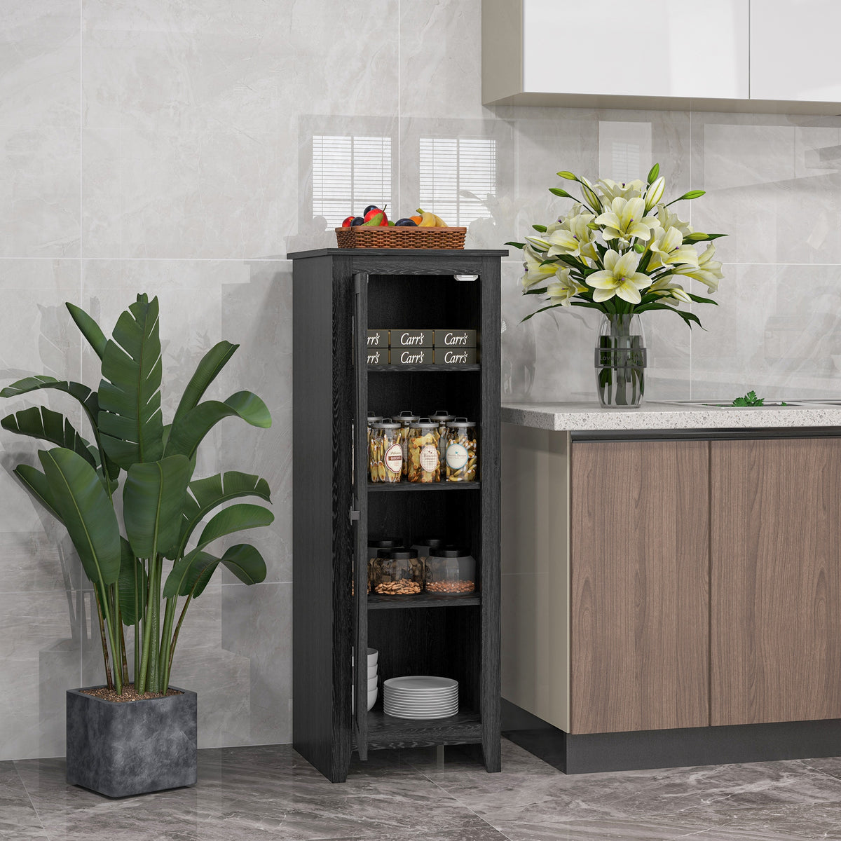 Farmhouse Kitchen Pantry Storage Cabinet with Barn Door – 17"W x 48"H