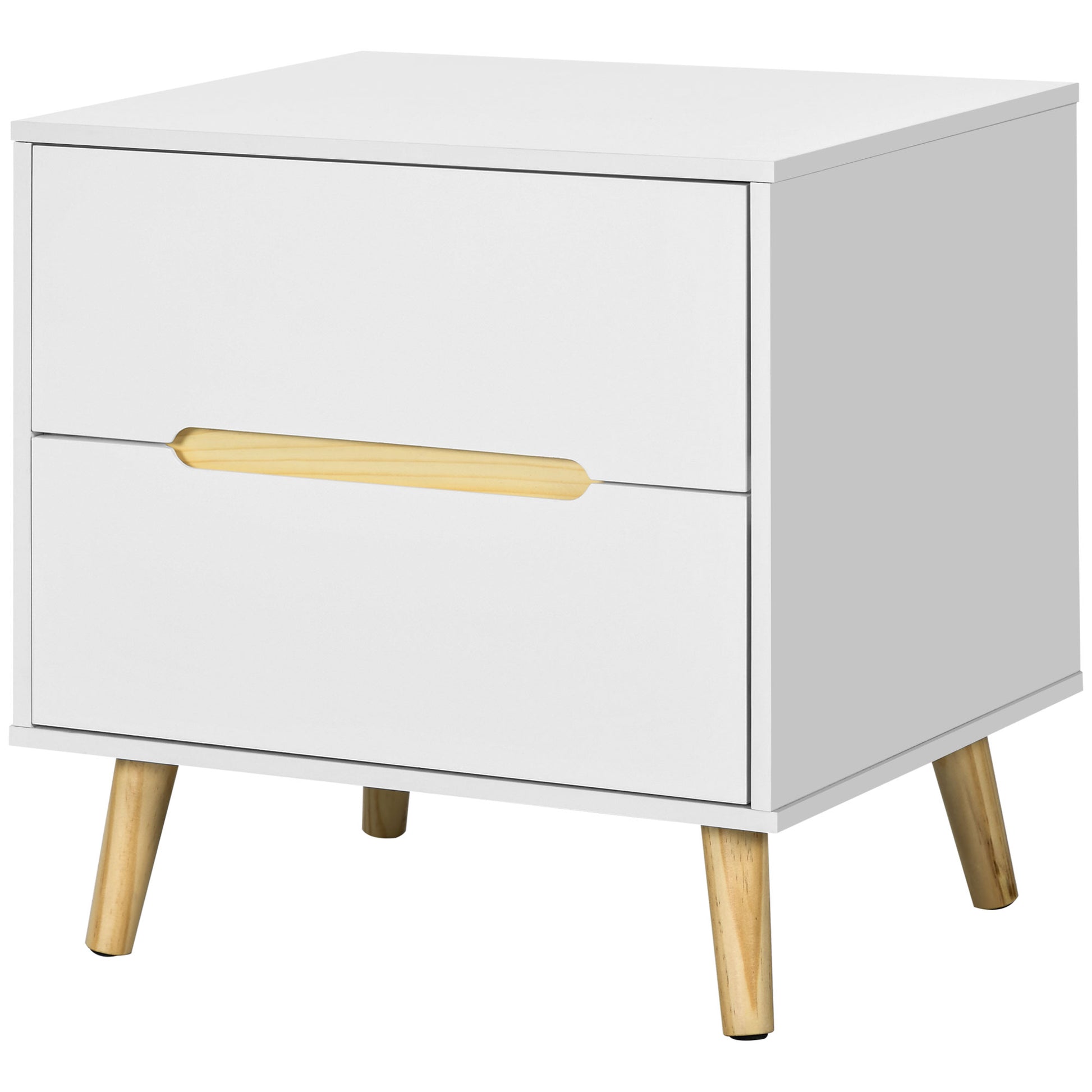 HOMCOM Modern White Nightstand with 2 Drawers, Solid Pine Wood Legs