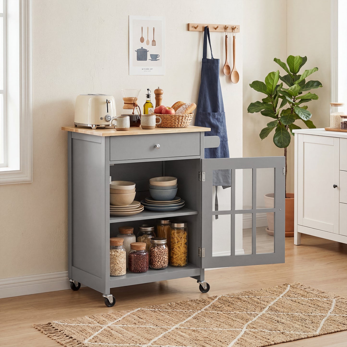 HOMCOM Rolling Kitchen Cart Drawer and Glass Door, Dark Grey