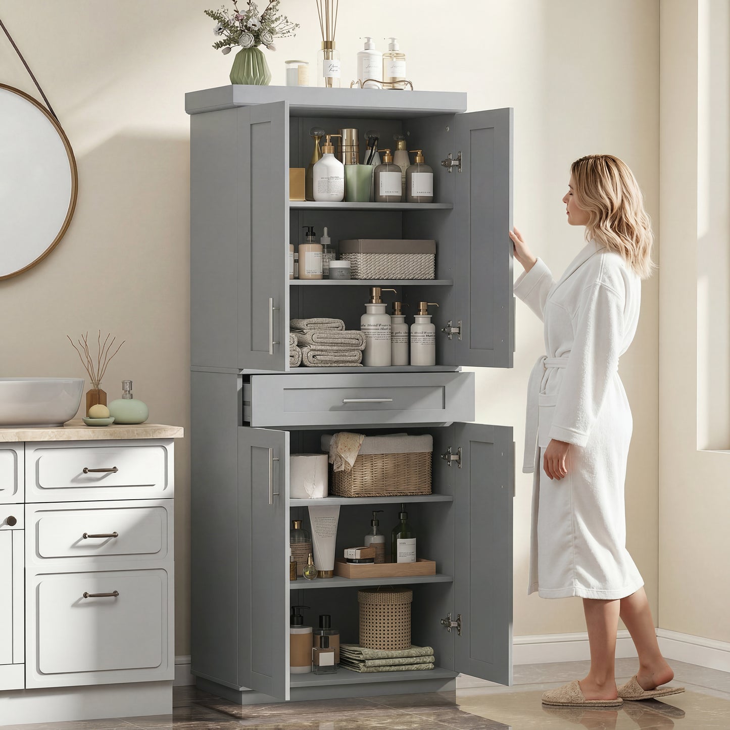 HOMCOM 72" Freestanding Storage Cabinet With 4 Doors Grey