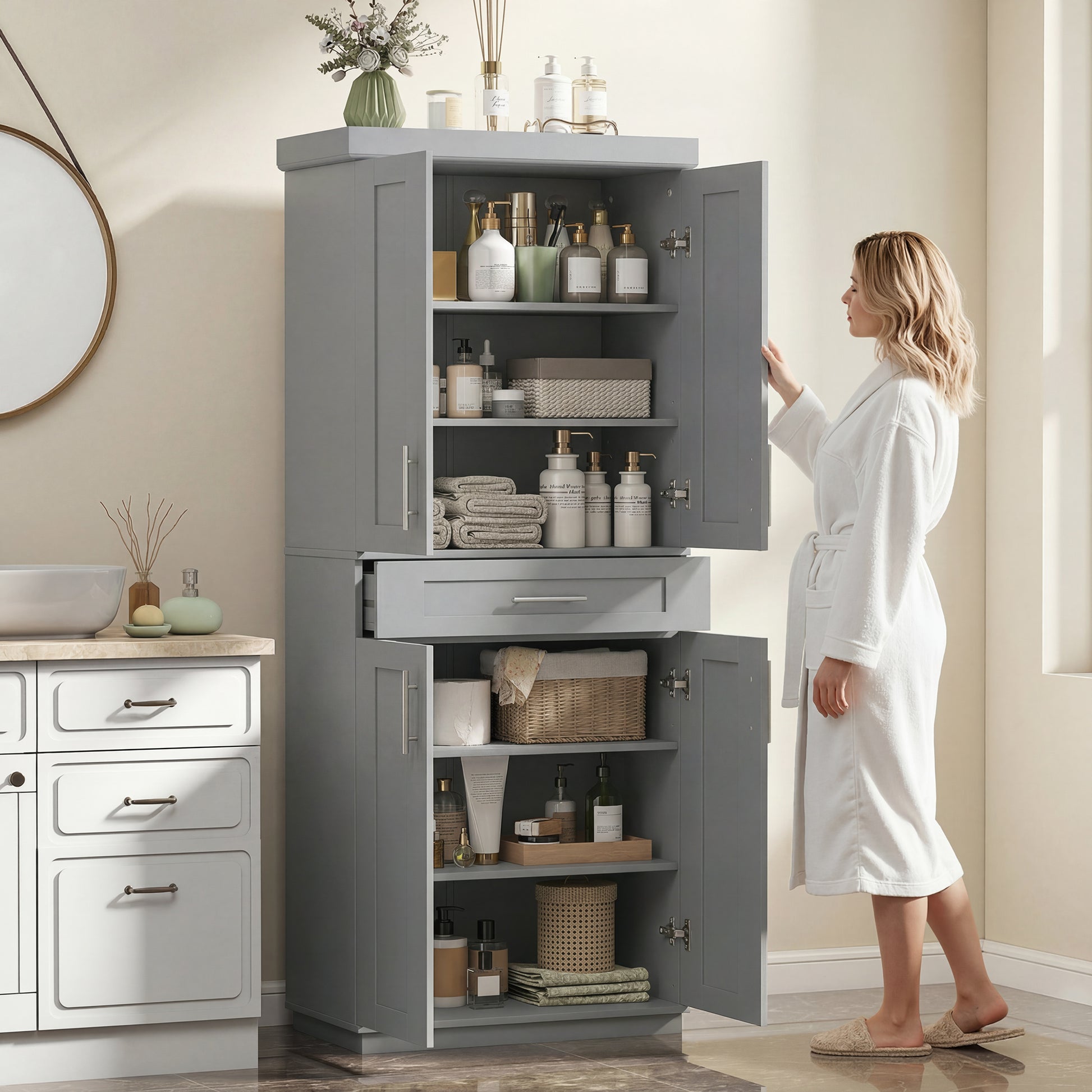 HOMCOM 72" Freestanding Storage Cabinet With 4 Doors Grey