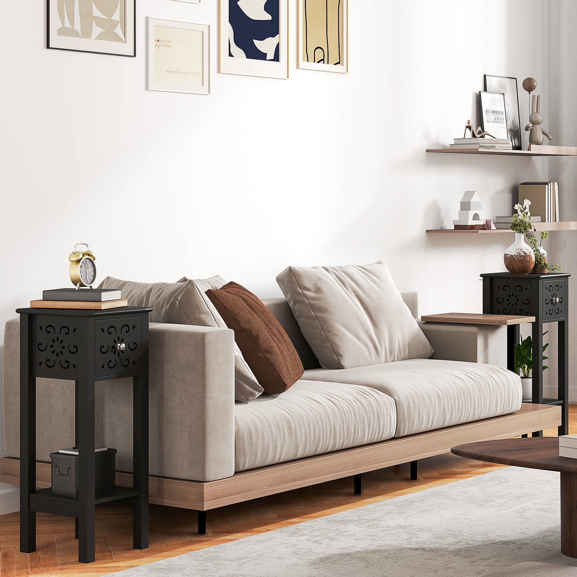 HOMCOM Modern Black Nightstand Set of 2 with Drawer & Open Shelf