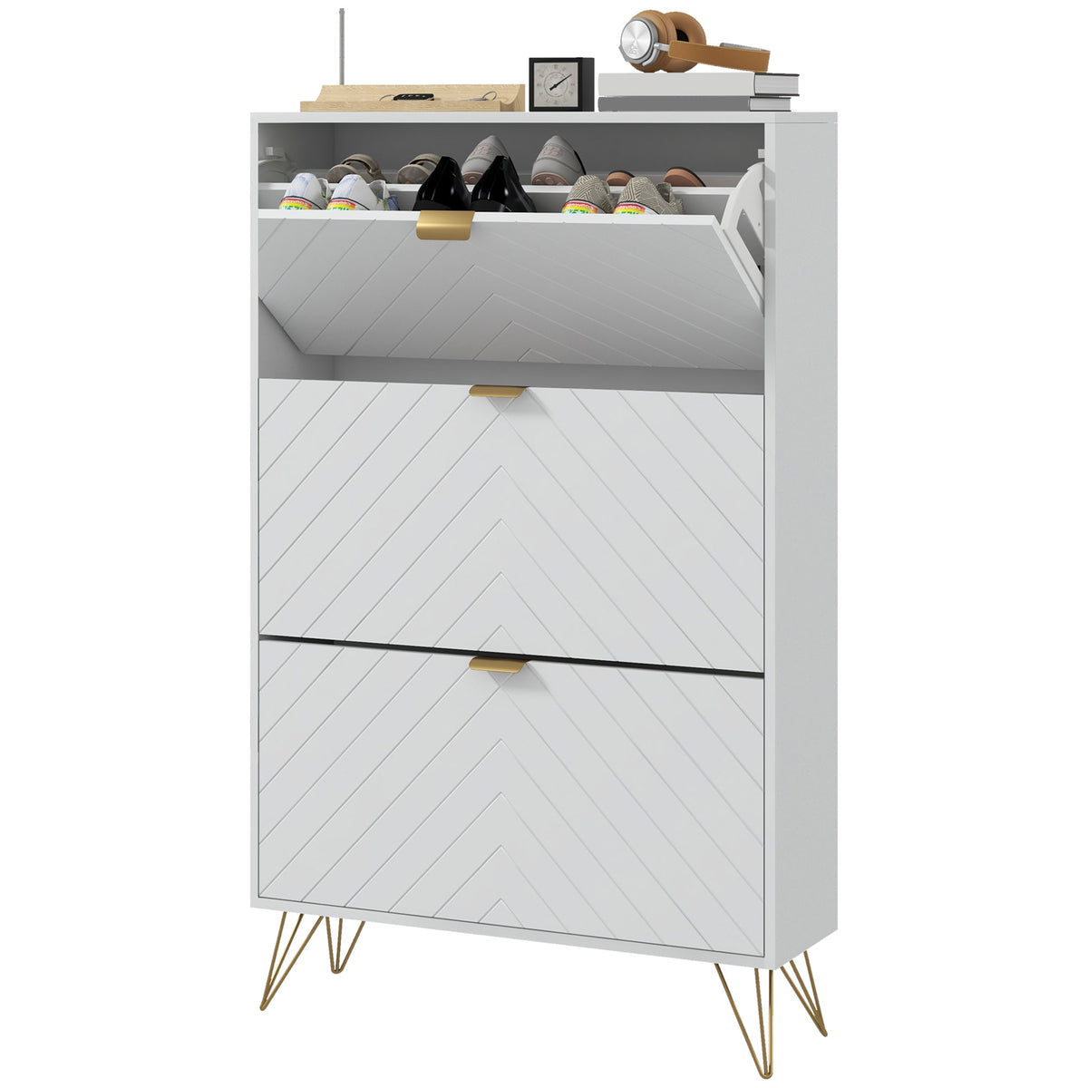 Modern Shoe Storage Cabinet with 3 Flip Drawers – 31"W x 50"H