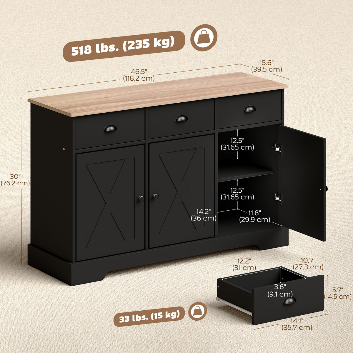 Farmhouse Sideboard with 3 Barn Doors and 3 Drawers – 47"W x 30"H