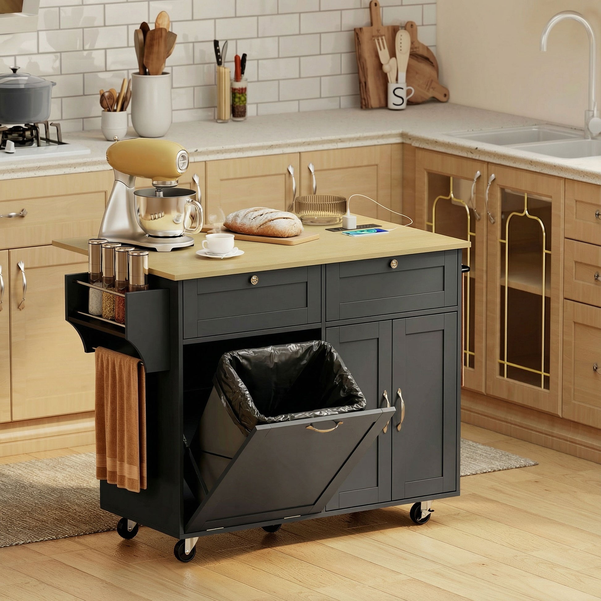HOMCOM Kitchen Island Cart Charging Station Drop Leaf Black