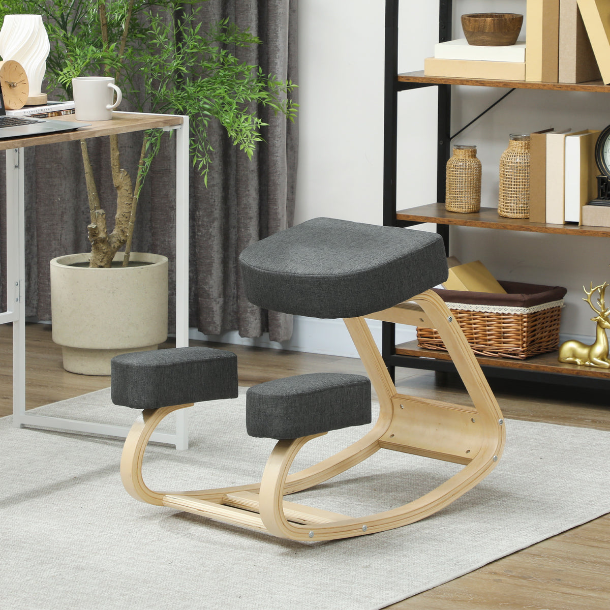 Ergonomic Kneeling Chair, Wood Kneel Stool with Thick Pads, Desk Knee Chair, Dark Grey