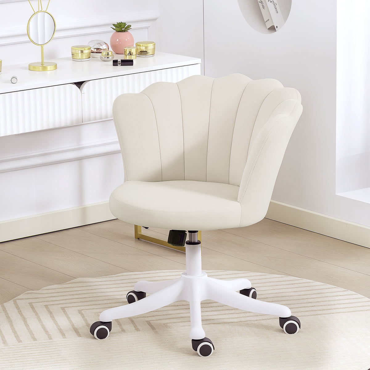 Office Chair, Armless Swivel Desk Chair with Adjustable Height, Backrest, Cream