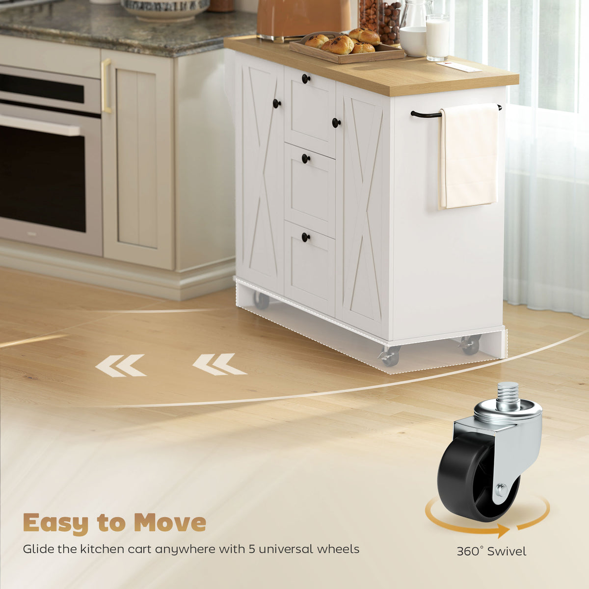 Farmhouse Kitchen Island Cart with Power Outlet and Soft-Close Doors – 49"W x 35"H
