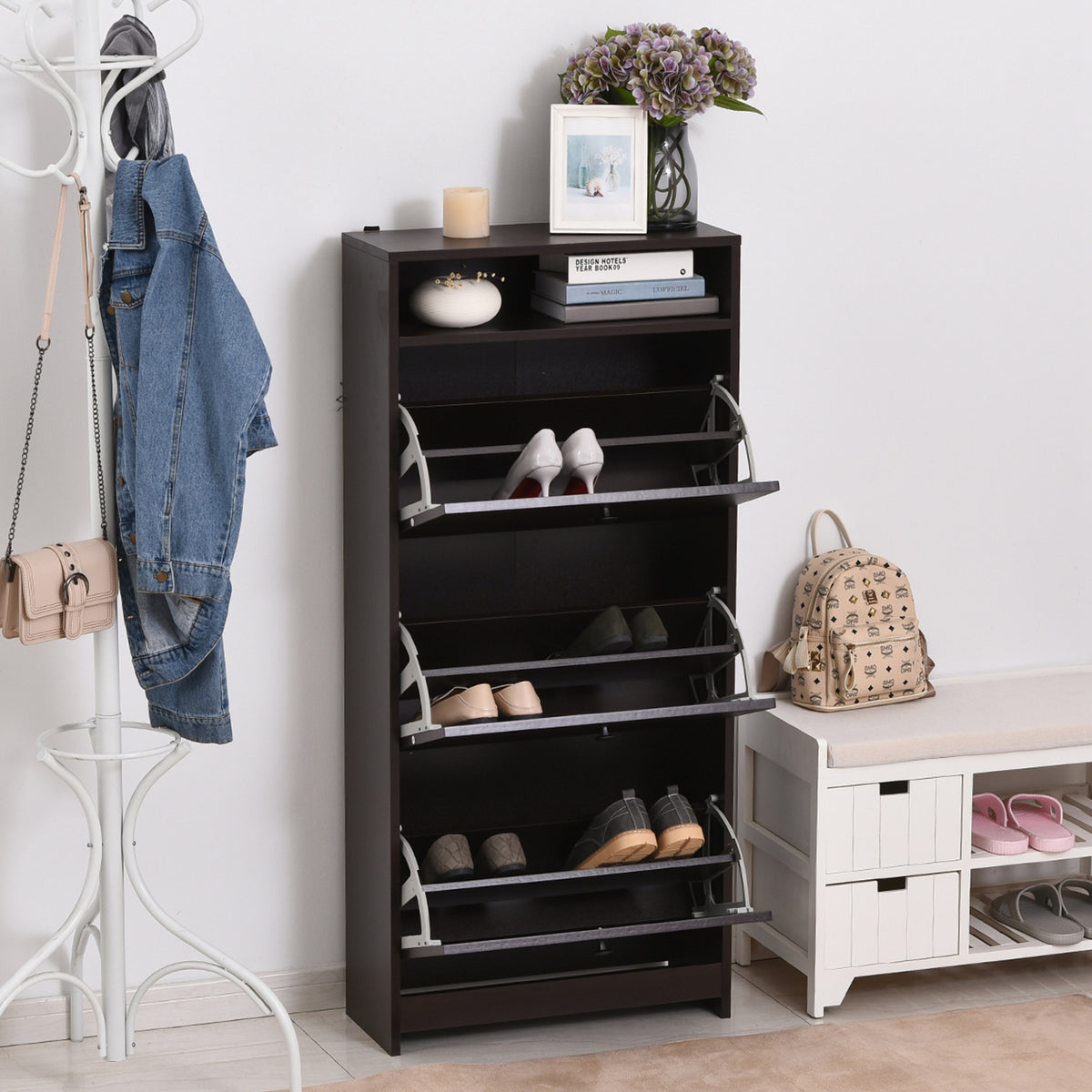 Slim Shoe Storage with 3 Flip Drawers and Adjustable Shelves – 24"W x 52"H