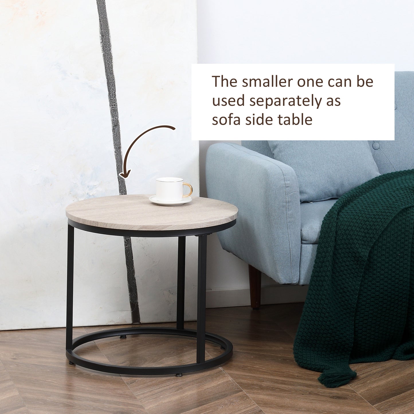 HOMCOM Modern Round Nesting Coffee Tables Set, Metal Frame, Grey Wood Grain