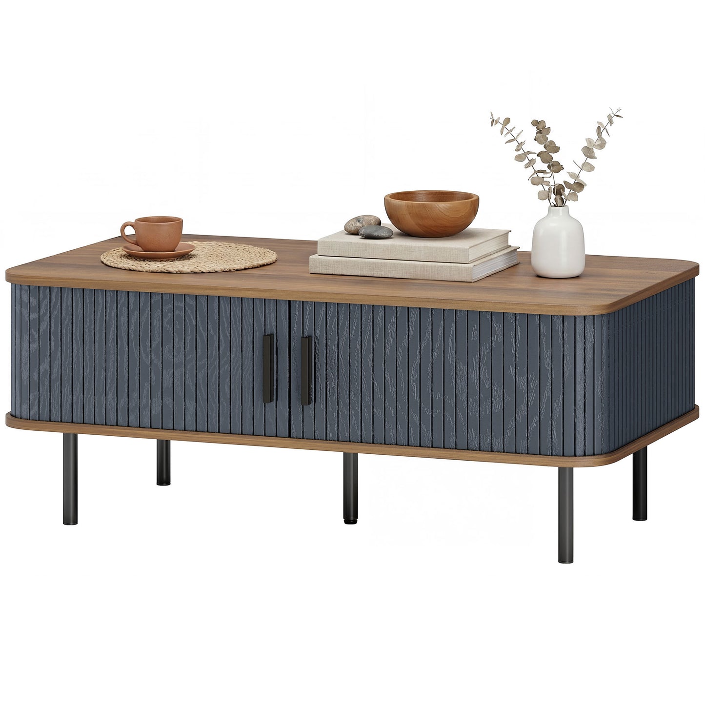 HOMCOM Nordic Side Table with Fluted Sliding Doors, Black