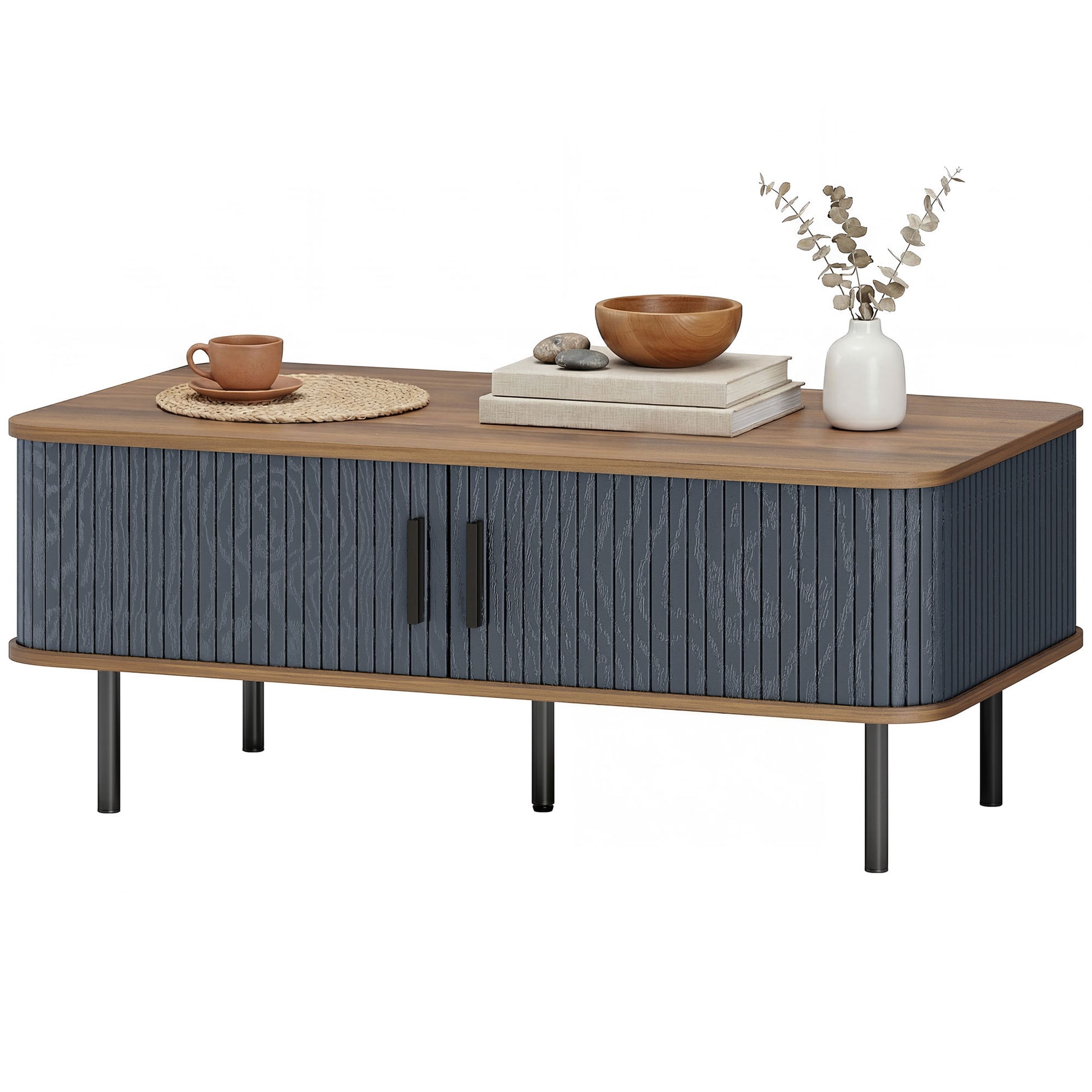 HOMCOM Nordic Side Table with Fluted Sliding Doors, Black