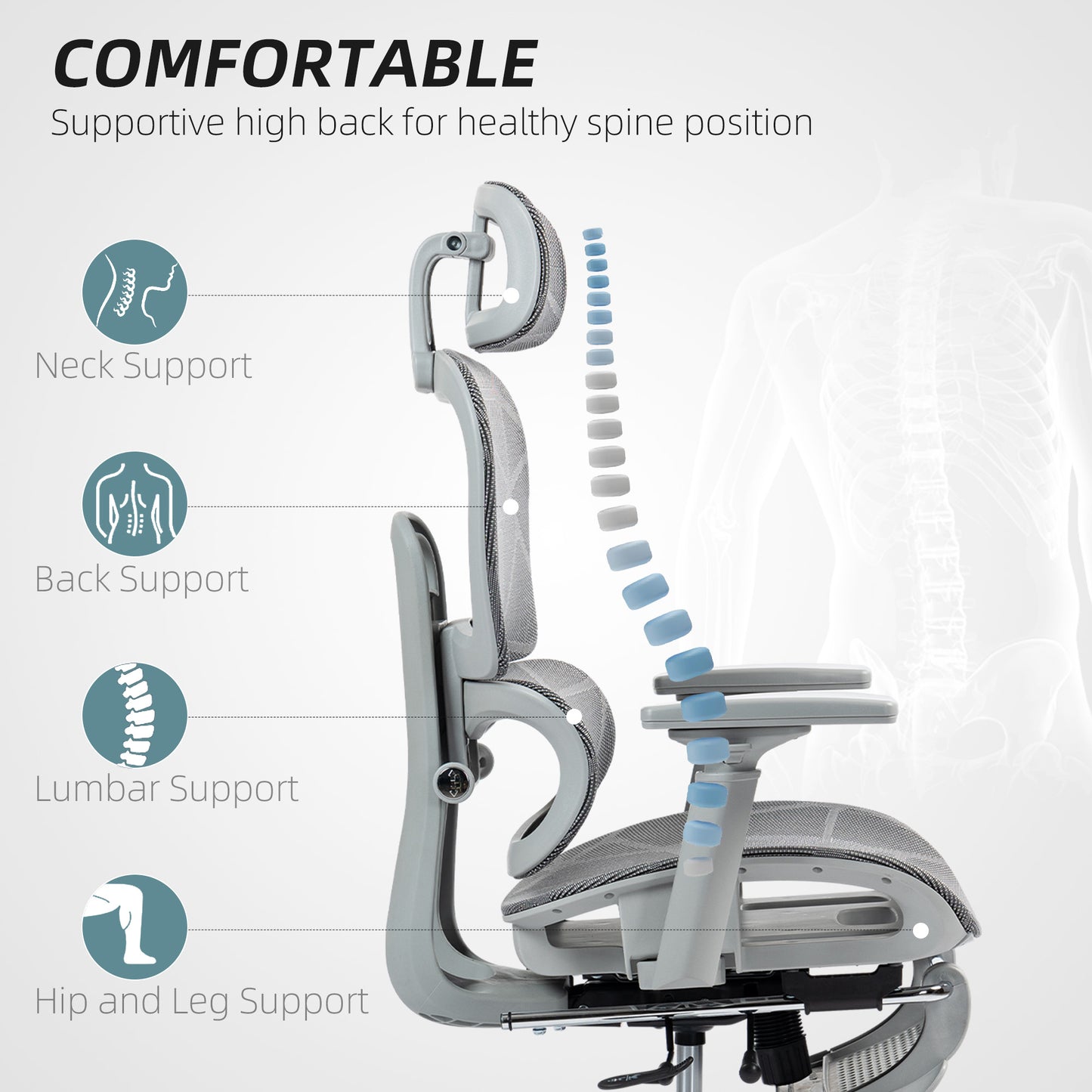 HOMCOM Grey Ergonomic Mesh Office Chair: High Back, 3D Armrests, Lumbar Support, Reclining