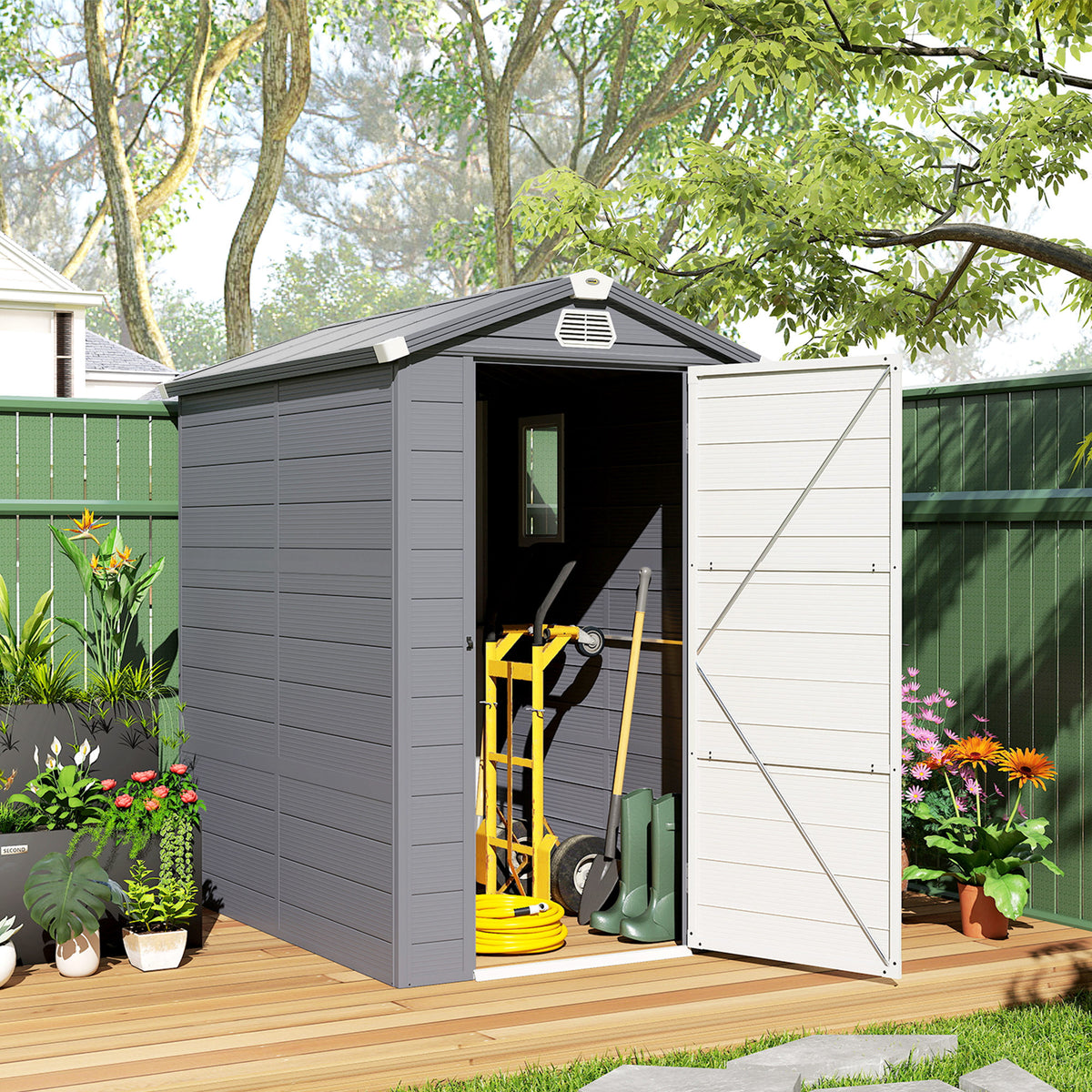 4.5' x 6' Garden Storage Shed with Latch Door, Vents, Sloped Roof – Light Grey