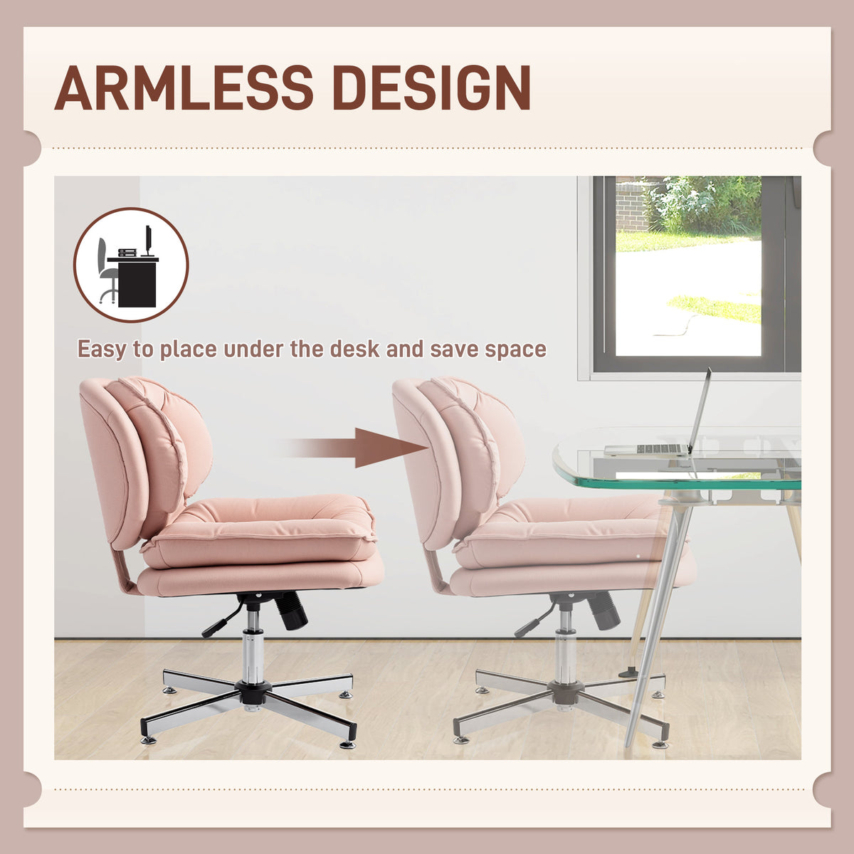 Criss Cross Chair, Armless Wide Office Chair with Leathaire Upholstery, Tilting, Pink