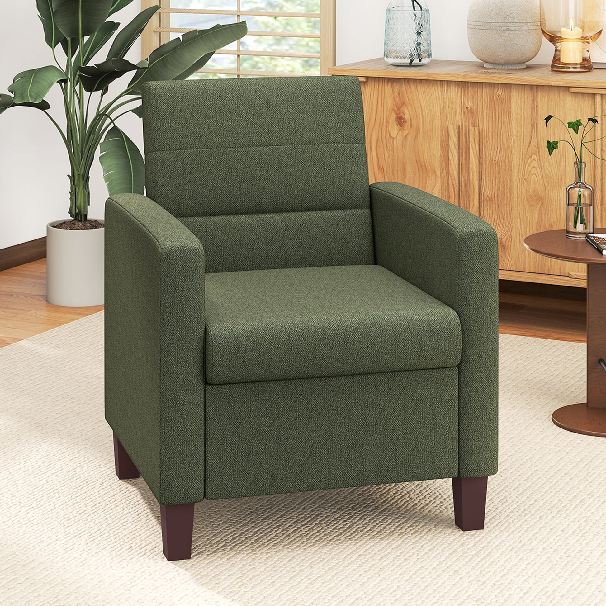 HOMCOM Modern Fabric Accent Armchair, Comfortable Cushion, Non-Slip Pads, Dark Green