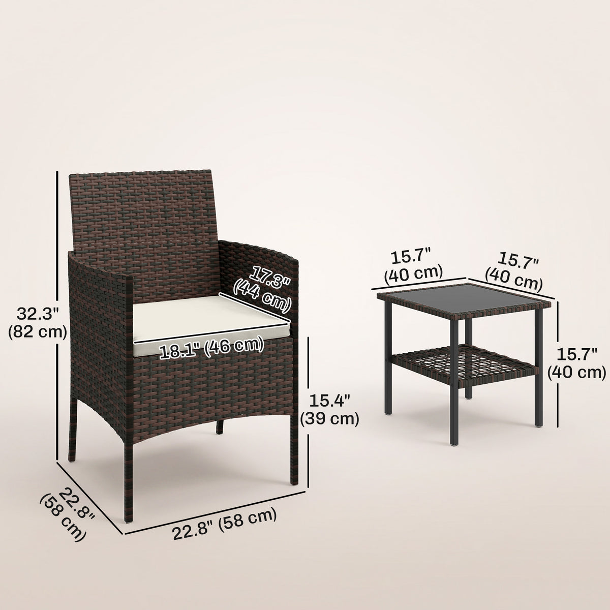 Wicker Bistro Set, 3 Piece Patio Furniture Set with 2-Tier Glass Top Table, Cushions for Balcony, Porch – Khaki – Beige