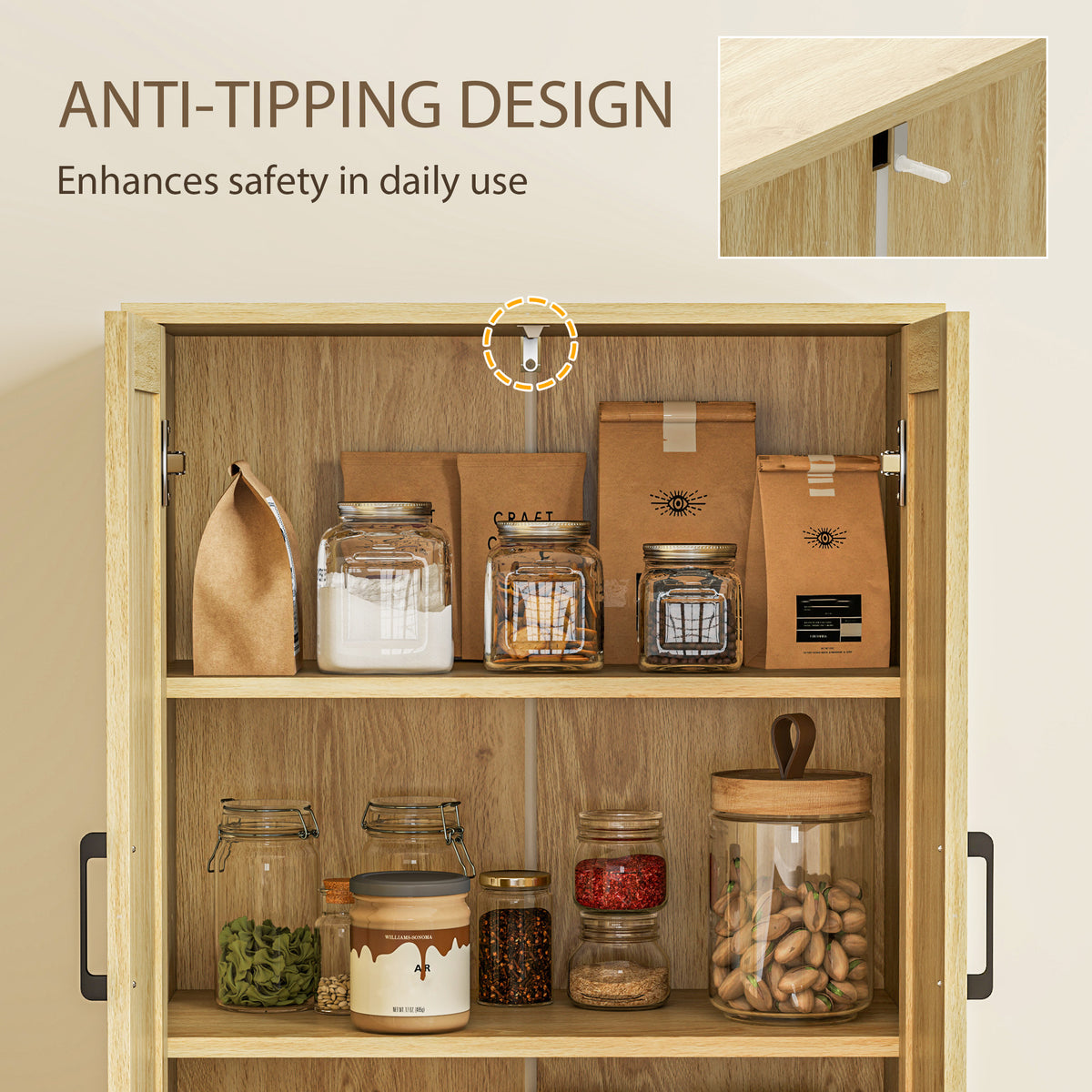 Tall Kitchen Pantry with 4 Rattan Doors and Adjustable Shelves – 24"W x 67"H