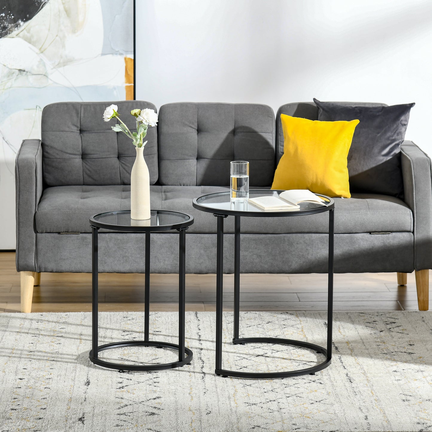 Modern Black Nesting Coffee Tables Set: Round Tempered Glass Top