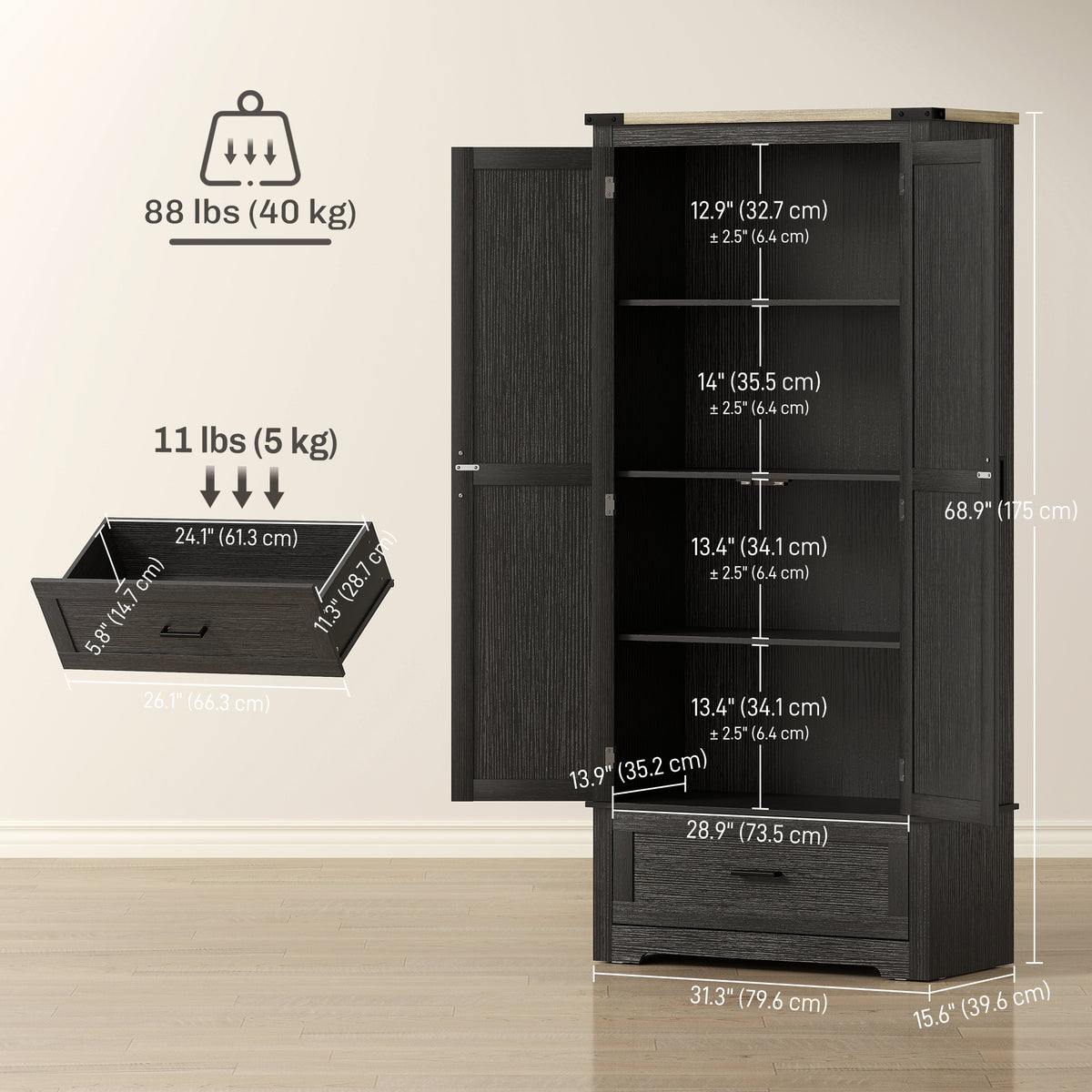 Tall Farmhouse Kitchen Pantry Cabinet with 2 Doors – 31"W x 69"H