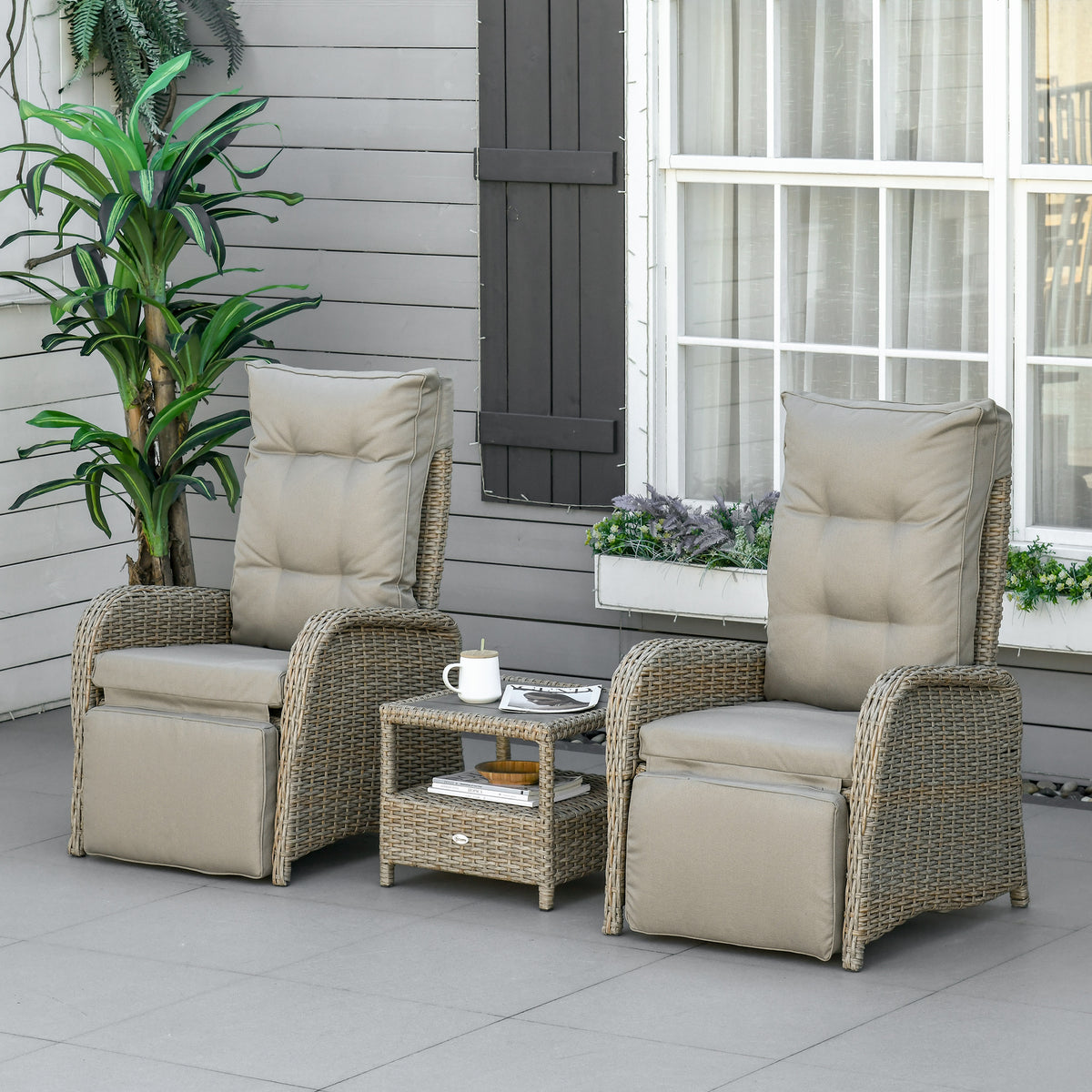 3 Pieces Patio Wicker Bistro Set, PE Rattan Coffee Table & Adjustable Recline Chairs Furniture Set with Cushions and Wood Grain Plastic Top – Khaki