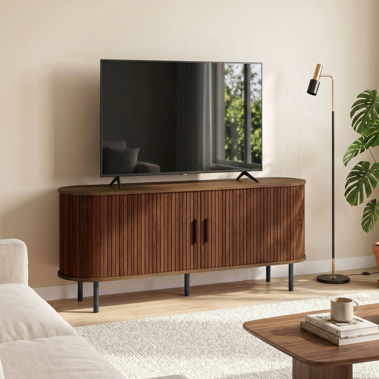 HOMCOM TV Stand Curved Sliding Doors Walnut Brown 60"