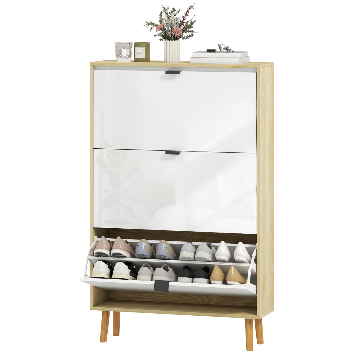 High Gloss Narrow Shoe Cabinet with 3 Flip Drawers – 32"W x 50"H