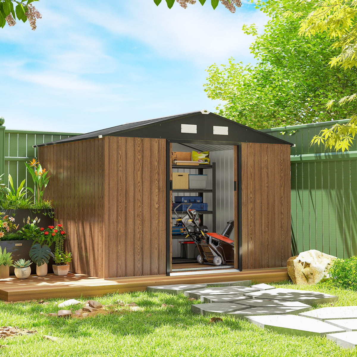 9.1'x6.4'x6.3' Garden Storage Shed, Outdoor Storage Tool House with Vents, Foundation and Lockable Double Doors – Teak