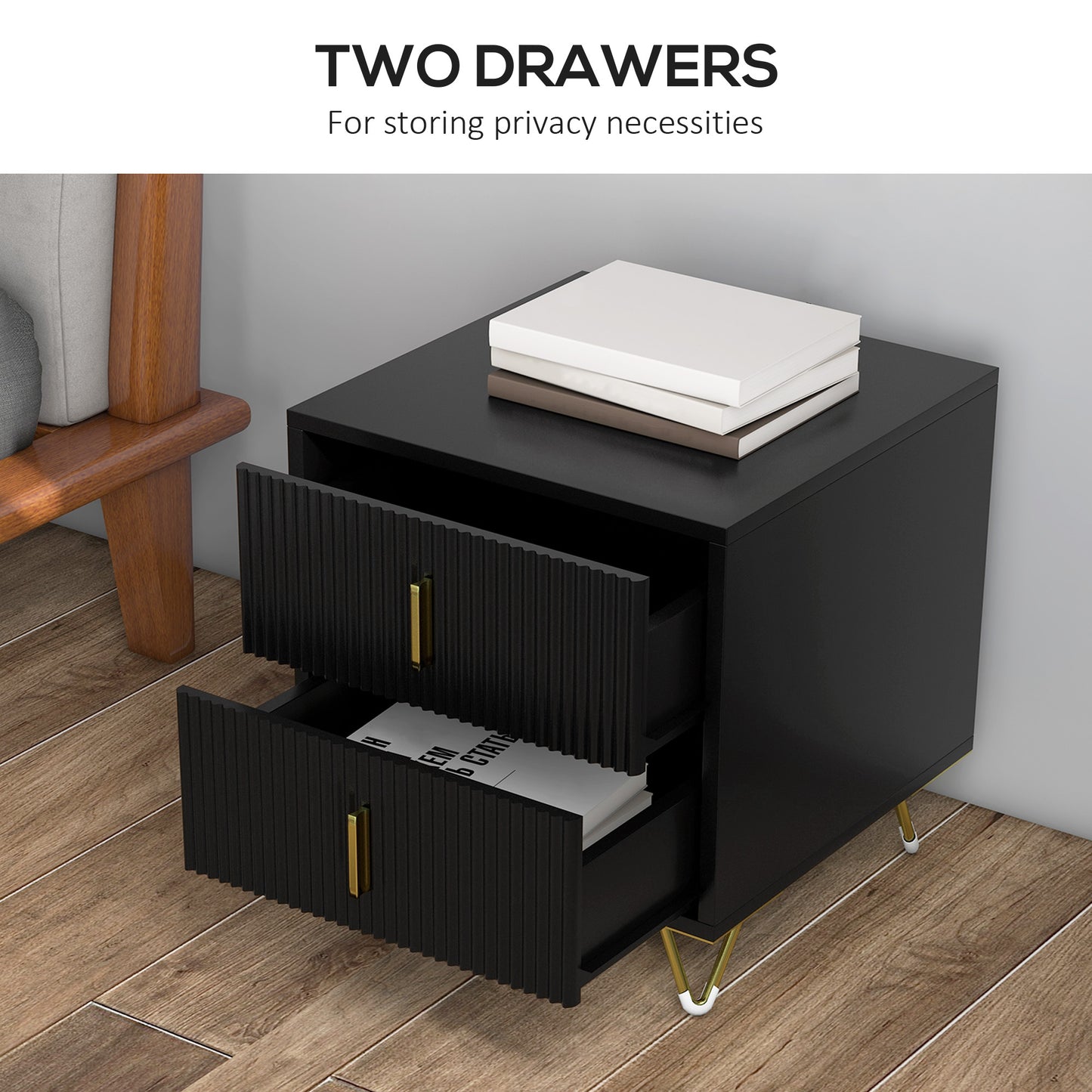 HOMCOM Modern Black 2-Drawer Bedside Nightstand, Fluted Fronts, Golden Metal Legs