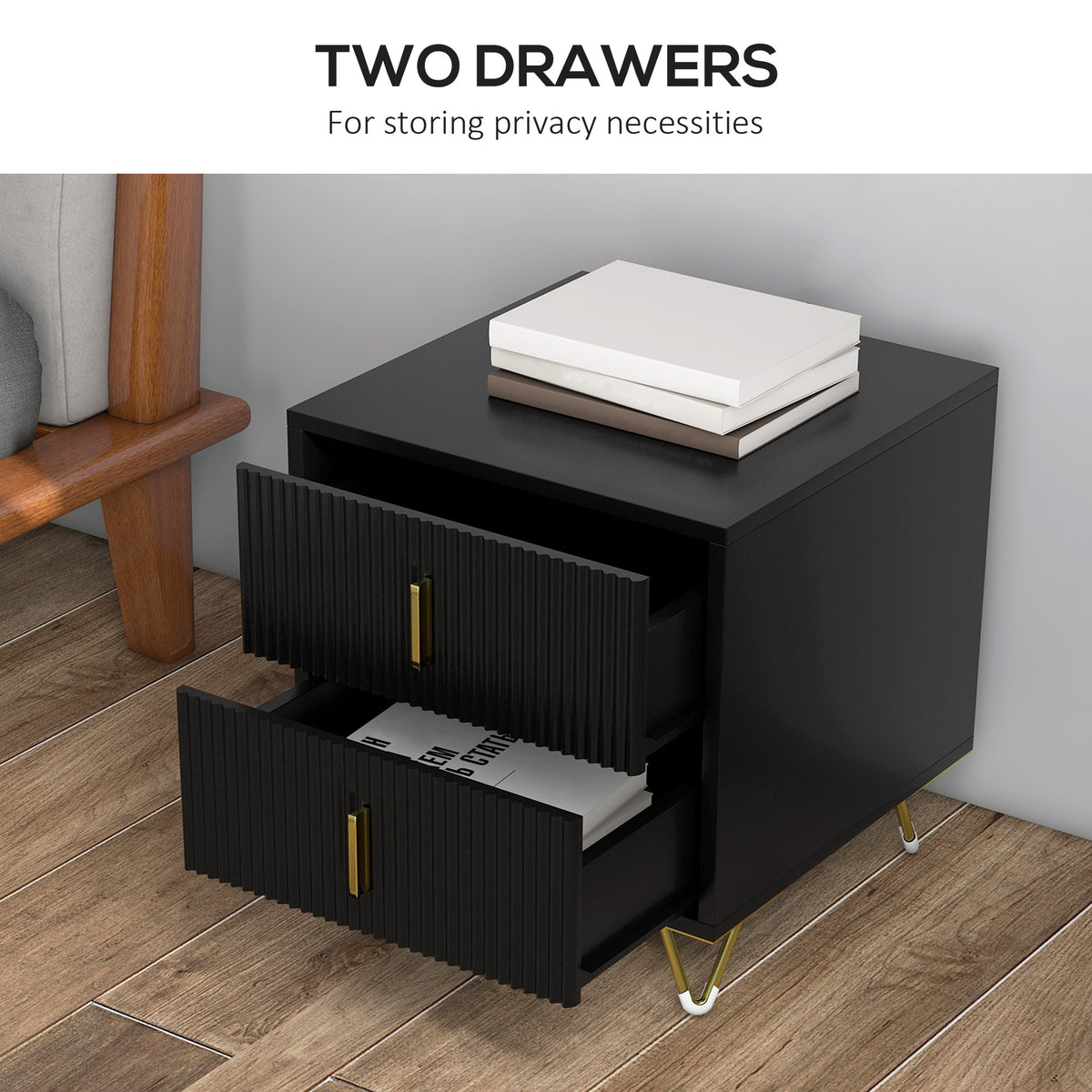 Modern 2-Drawer Nightstand with Metal Legs – 16"W x 19"H