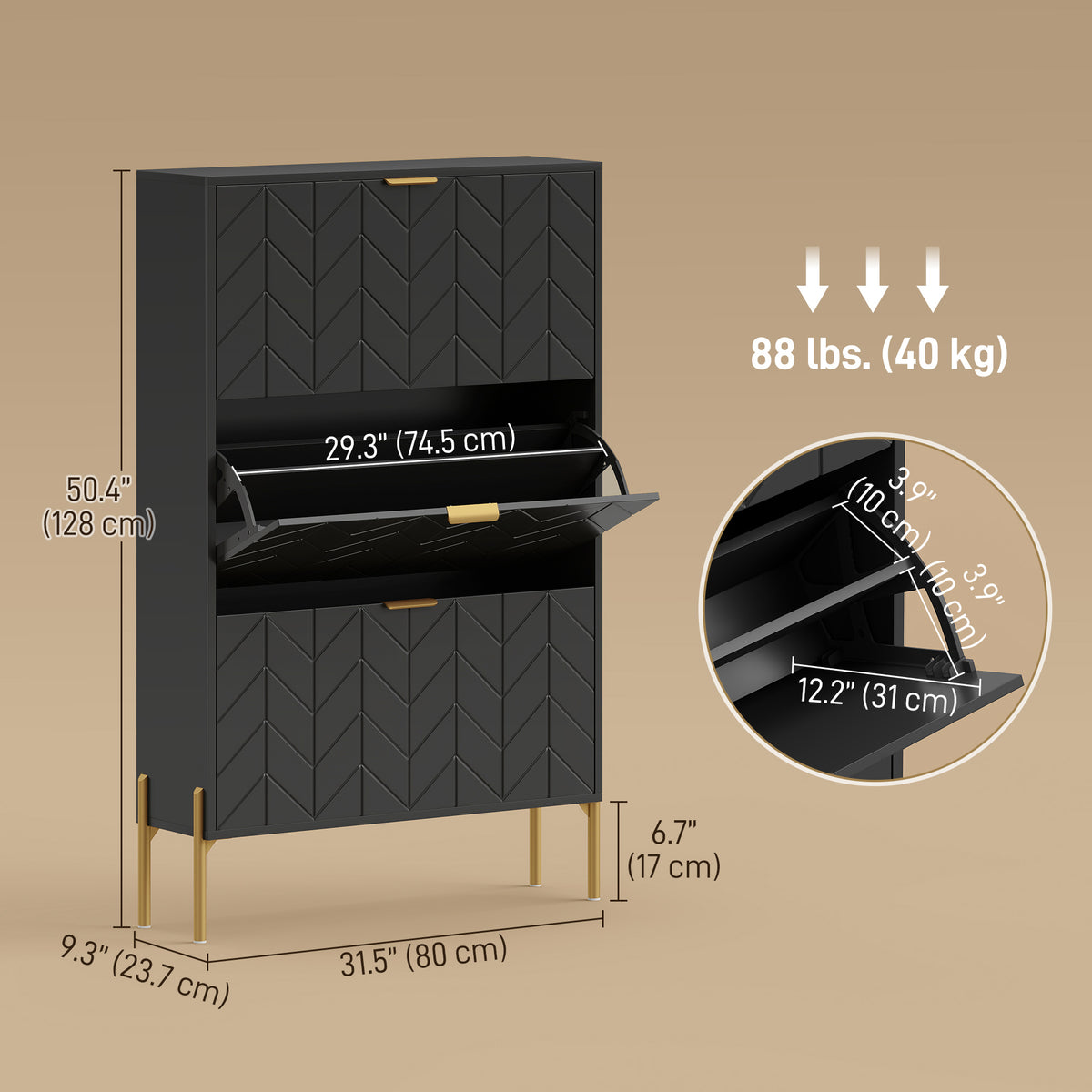Shoe Cabinet with 3 Flip Drawers – 31"W x 50"H
