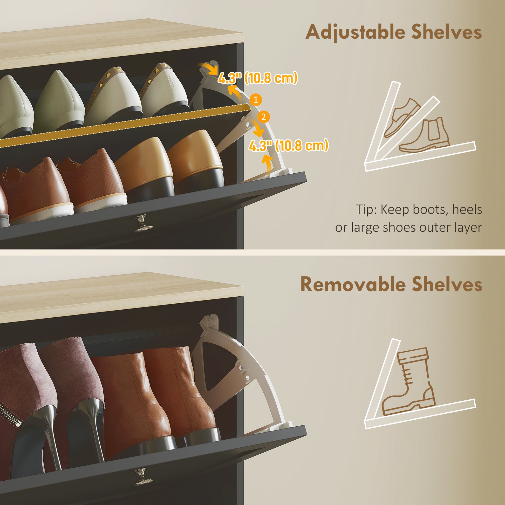 Space-Saving Black Shoe Cabinet: 4 Flip Drawers, Adjustable Shelves, 18-24 Pairs