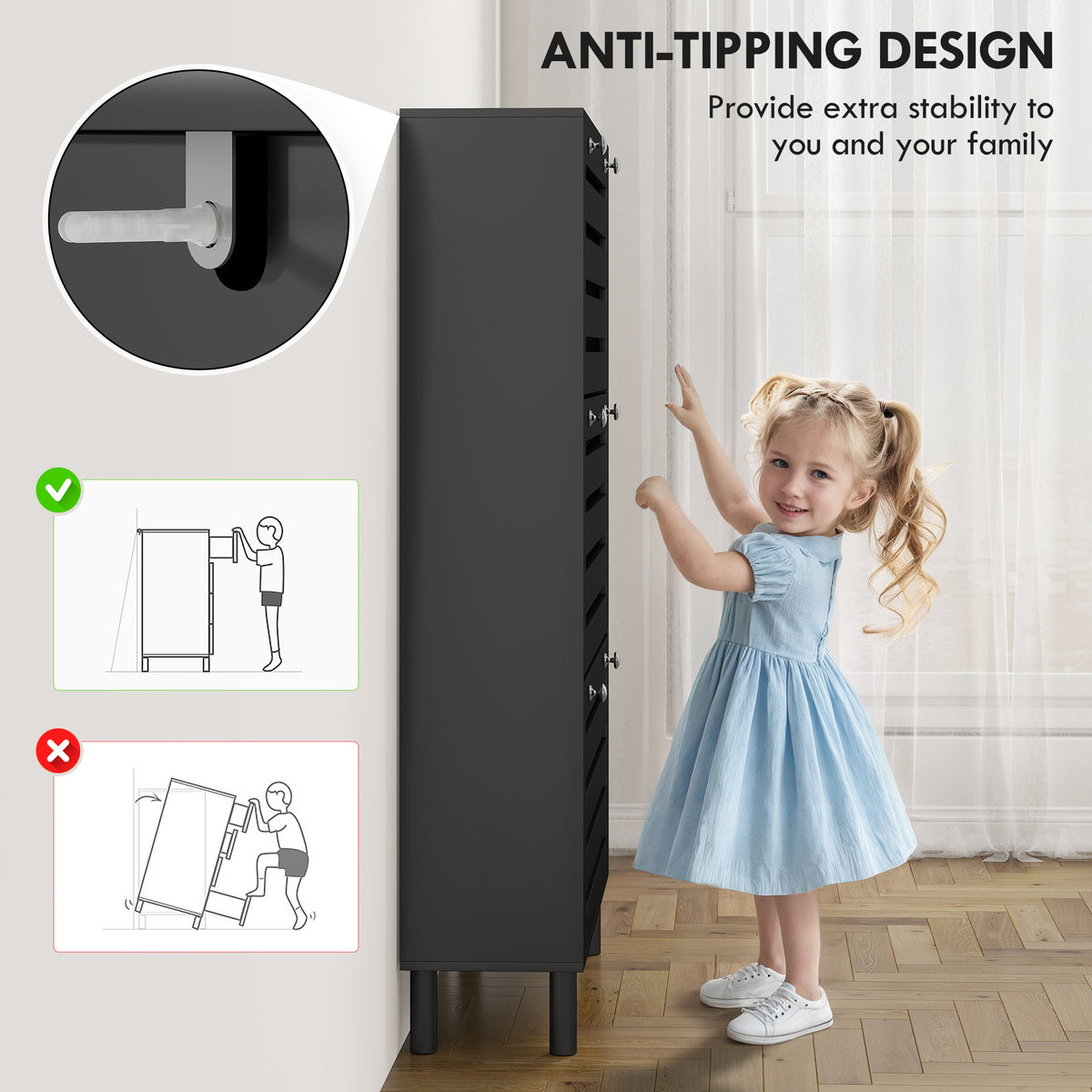 Narrow Shoe Cabinet with 3 Flip Drawers – 31"W x 48"H