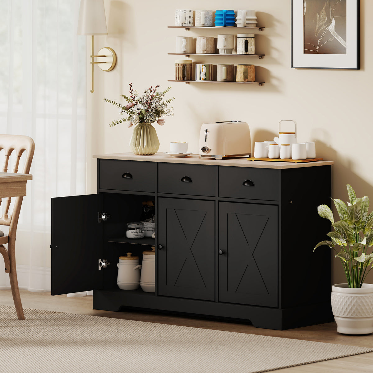 Farmhouse Sideboard with 3 Barn Doors and 3 Drawers – 47"W x 30"H