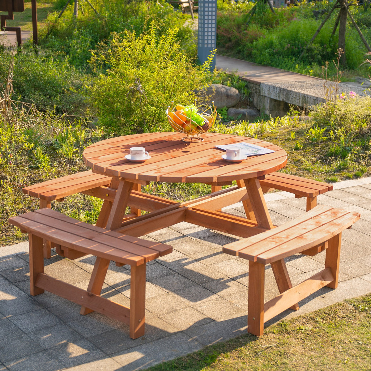 8 Seater Round Wooden Pub Bench & Picnic Table, Patio Dining Set for Outdoor Patio (Umbrella Not Included) – Brownish Red