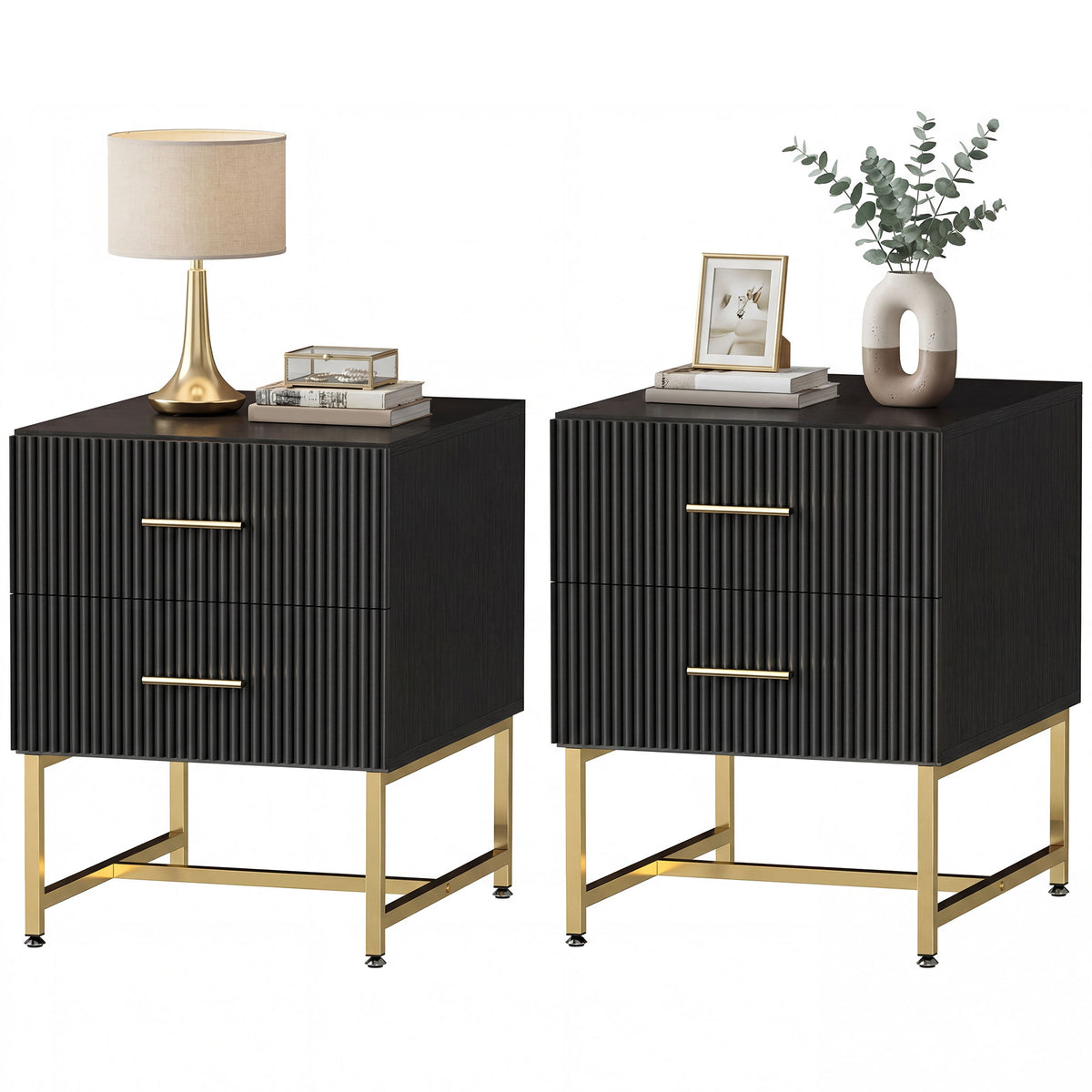 Fluted 2-Drawer Nightstands with Gold Legs, Set of 2 – 16"W x 19"H