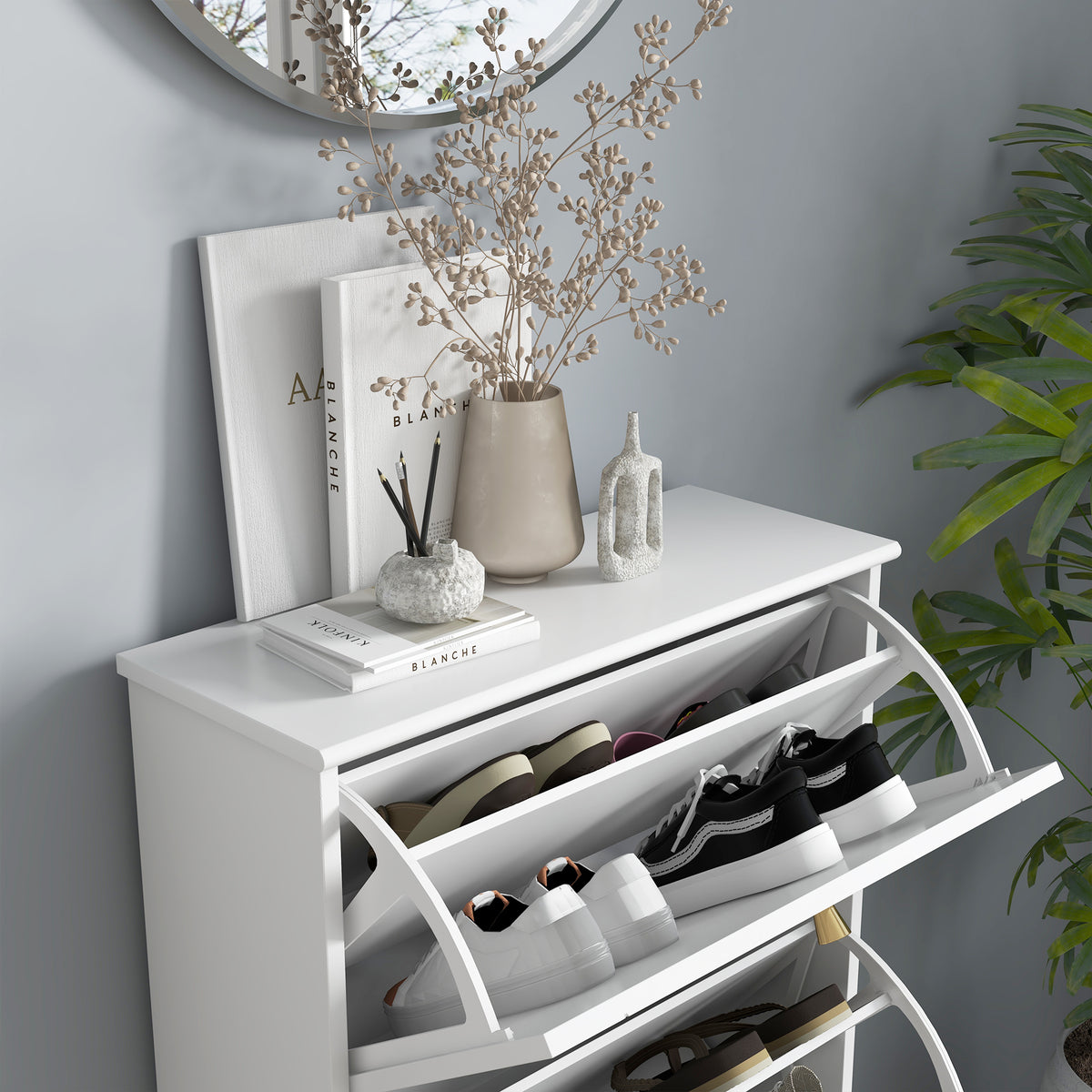 Narrow Shoe Storage with 3 Flip Drawers and Adjustable Shelves – 24"W x 49"H
