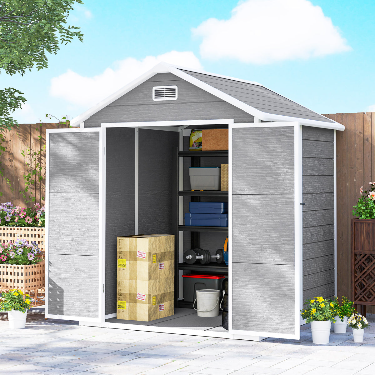6x5 Plastic Garden Shed, Outdoor Storage Shed with Floor, Window, Lockable Doors and Vents