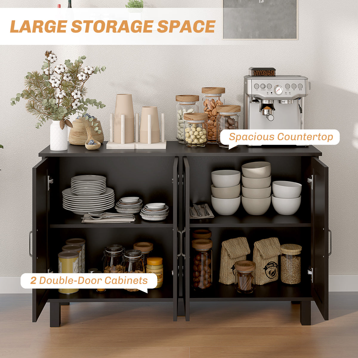 Kitchen Sideboard Cabinet with 4 Barn Doors and 2 Adjustable Shelves – 47"W x 30"H